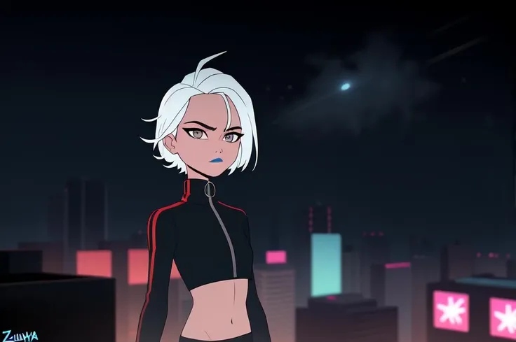 glukoza, 1girl, solo, short hair, standing on the roof of a skyscraper, cyberpunk city , from above, looking away, shooting from a drone, makeup, (by paul zizka:1.2), white hair, lipstick, zoom out, looking at viewer, grey eyes, blurry, crop top, (cyberpunk:1.3)<lora:glukoza:0.55> <lora:LowRA:0.4> dark theme, stars sky