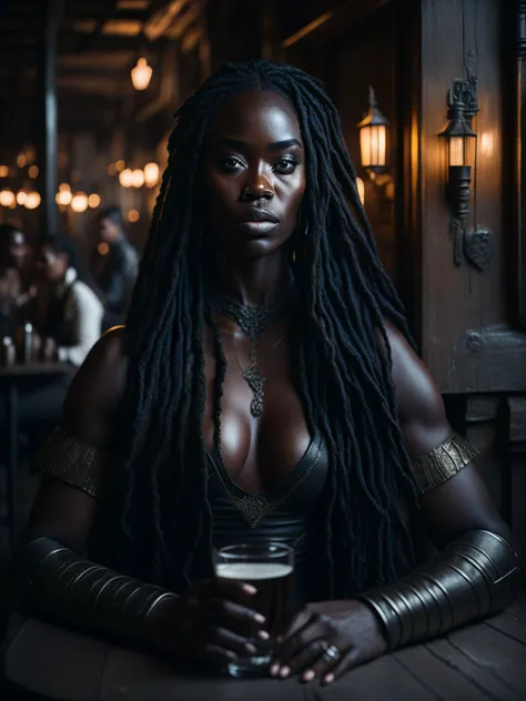 (((photograph))), (((hyperrealism))), award-winning photo, a black goddess, long hair elegant beautiful woman waiting tables, (masterpiece) (best quality) (detailed) (8k) (HDR) (wallpaper) (cinematic lighting) (sharp focus) (intricate), action shot, medieval tavern packed with people, barbarians talking loudly and drinking beer in goblets