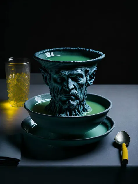 <lora:surrealPlateLora_v10:1> a plate with a roman stone titan standing in soup
