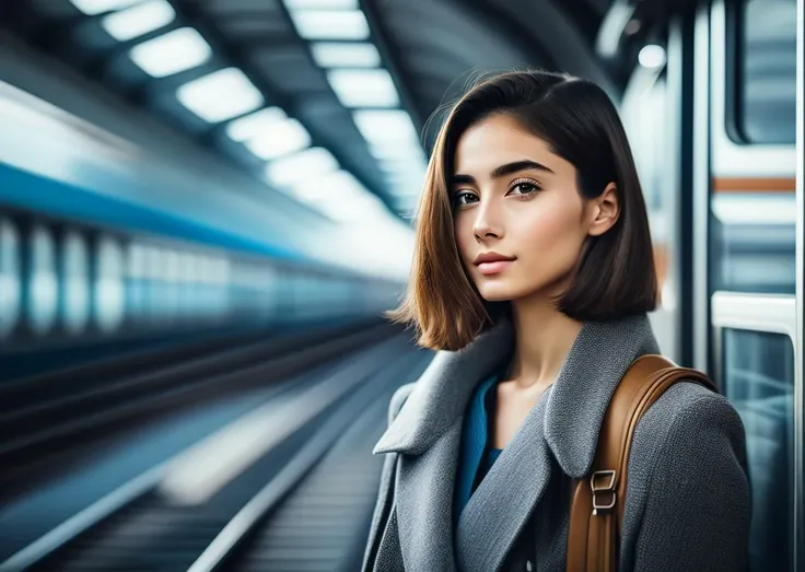 half body photo, close up, beautiful young woman, train station, photo realistic, Kodak Ultra Max, 85mm, shot on iphone 7, dslr, high quality, realistic, raw, 4k, analog