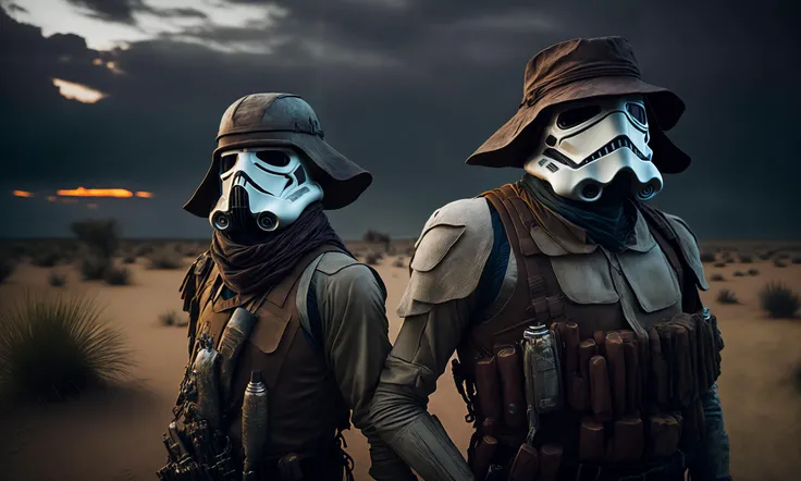 photo portrait of a stormtrooper dressed as Indiana jones on a safari in the savanna, rembrandt light, dramatic sky, exotic animals