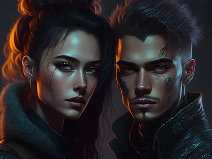 a close up cyberpunk portrait of handsome young woman and young man, detailed face, realistic, cinematic