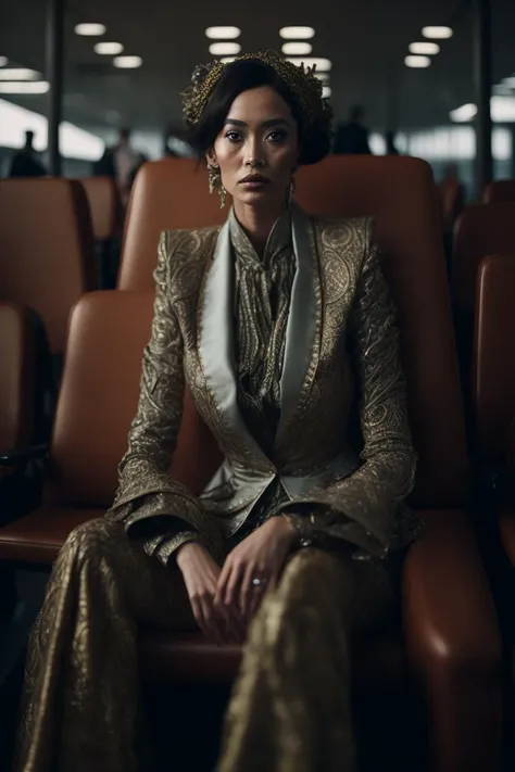 photo portrait of an woman wearing intricate attire sitting on a throne, airport lounge, edge light, well lit, bokeh, by wes anderson