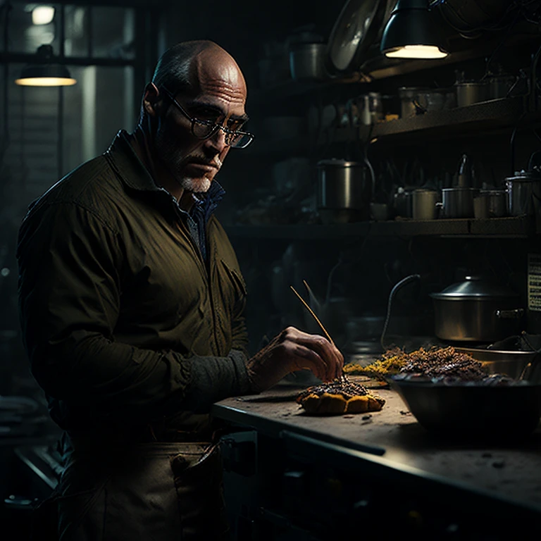 a photo of MNB_21 making omelets in a brightly lit kitchen. 8k dramatic lighting, art by smoose-2-500