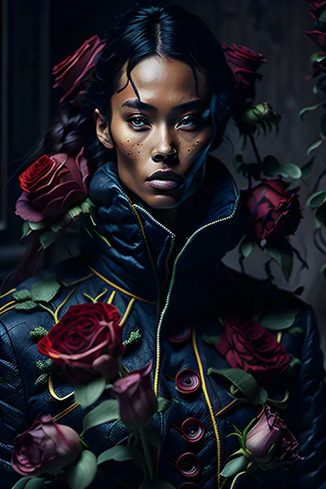 A Swedish woman donning a coat made of blooming roses in a (hyper-realistic:1.2) digital painting, The painting should feature intricate details, (warm colors:1.1), and a (fantasy realm:1.3) atmosphere, with a strong emphasis on texture and shading. The woman should be depicted with a (perfect face:1.1), and the artwork should be created in a high-quality (64K:1.2) resolution.