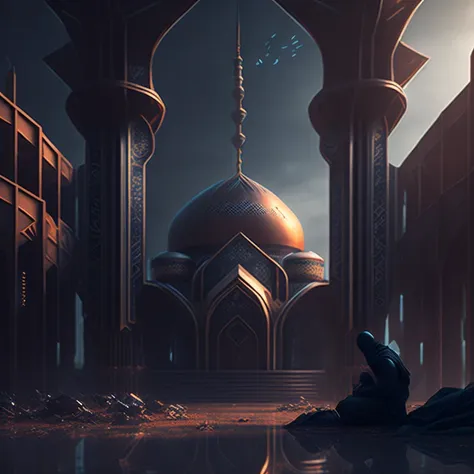 Cyberpunk mosque in a dystopian future