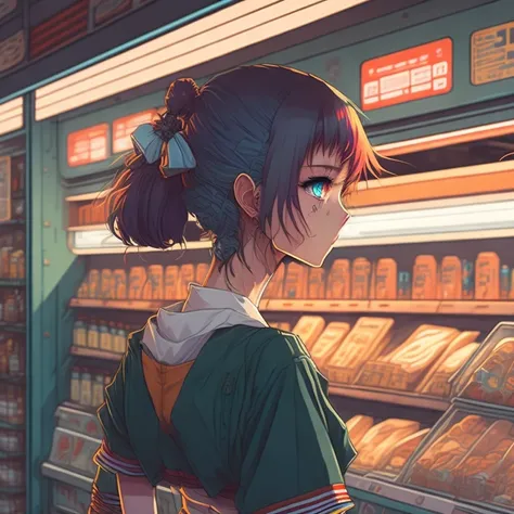 from behind, doe eyes, Vintage 90's anime style. anime girl posing in convenience store., sci-fi. Colors, surreal.