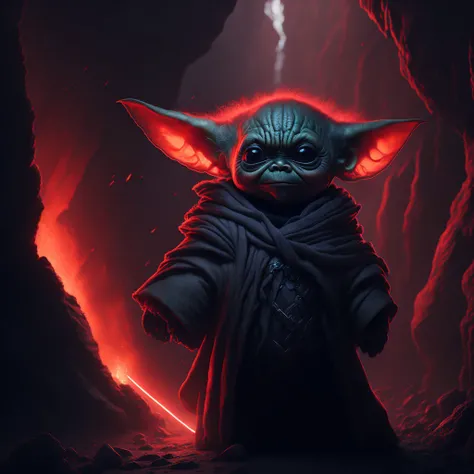 portrait of baby yoda, sith lord, red light laser, atmospheric fog, volcanic cave, angry face, dynamic pose