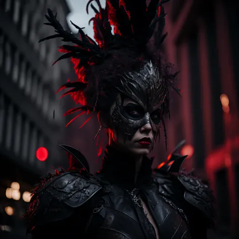 award winning studio closeup photo of a punk anarchist goddess wearing feather victorian attire, metal armour opera mask standing outside of a city street, black feathers, illuminati logo, fiber optic trash tiara, red light, low key, high contrast, zbrush, burning embers floating in background, cinema768-digital
<hypernet:slimModelsV1_slimmodelsV1:1.0>