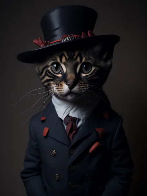 Portrait, cute cat cub wearing beefeater clothes, low light, moody