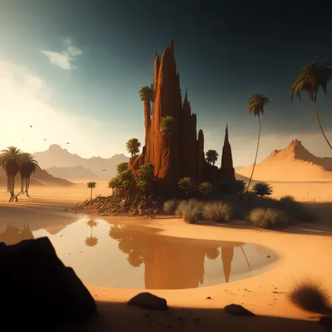 an oasis in the middle of the desert, epic render, octane, atmosphere, particles, smoke behind, detailed, concept art, cinematic