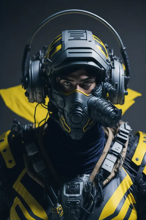 apex legend, [robot arm], face mask:0.1, breathing tube:0.5, headphone, lunar helmet, full body, polluted, foggy, volumatric lighting, VintageHelper, lens effects, glare, bloom,