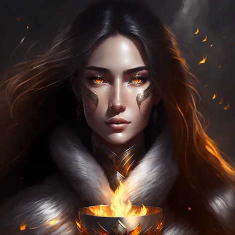 woman in fur [robes:armor:10], with burning silver cup, long black hair, glowing amber eyes, fantasy, front view, highly detailed, digital art, masterpiece
