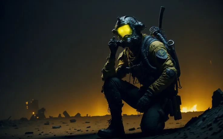 fallout new vegas, a man with sitting on the something, pipboy, tunnel, vault, (face mask:0.1), (breathing tube:0.5), headphone, german ww2 helmet with flashlight , burning fire, full body, polluted wasteland, foggy, volumatric lighting, neon light, CinemaHelper-1000, [bokeh], lens effects, (glare:1.5), bloom, anamophic lens