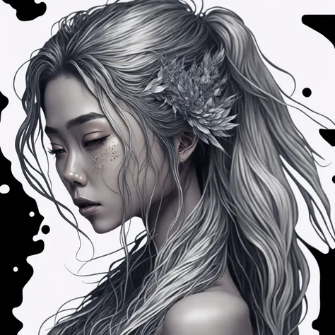 sticker, vector-art beautiful character design, double exposure shot, front profile female asiatic korean kumiho with long silver white hair , beautiful hair and confident, insanely detailed and intricate, elegant, watercolor, cinematic, portrait, raphaelite, headroom, pierre-auguste renoir, luminous design,