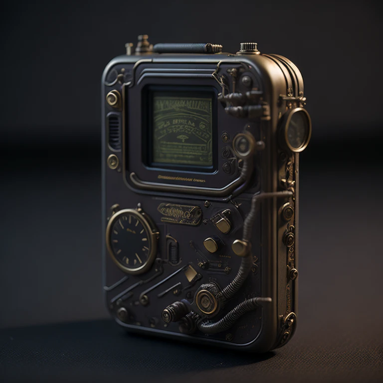 an extremely complex and advanced steampunk gameboy, 100mm lens