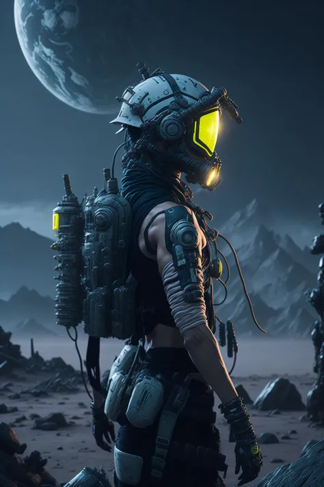 apex legend, face mask:0.1, breathing tube:0.5, headphone, lunar helmet, full body, in country side, villiage, polluted, foggy, volumatric lighting, VintageHelper, lens effects, glare, bloom,