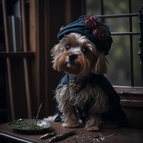 adorable, magic portrait, big eyes, beautiful, cute exhibition, cut Yorkshire Terrier dog poet in a beret with a feather, in antique clothes with jewelry, writing pen in paw, dreamy look, smiles, sitting at an old wooden table and writing poetry, romance, many beautiful patterns, the background behind the poodle is a beautiful room of the old castle, stained glass windows with roses in the window, the atmosphere of Christmas, beauty, detailing, fairy tale, anime watercolor style, isolated on white background