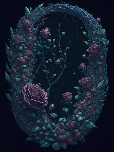 secret garden, lush, floral, rose, botanical, romanticism, moody, space, stars, nebula