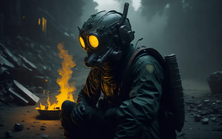 fallout new vegas, a man with sitting on the something, pipboy, tunnel, vault, (face mask:0.1), (breathing tube:0.5), headphone, german ww2 helmet with flashlight , burning fire, full body, polluted wasteland, foggy, volumatric lighting, neon light, CinemaHelper-1000, [bokeh], lens effects, (glare:1.5), bloom, anamophic lens