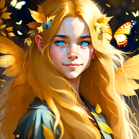 9 fairy, watercolor style, ethereal, beautiful, heavenly, bright luminous wings, long golden hair, golden leaves, happy, long eyelashes, blue eyes, blue robe, butterflies,