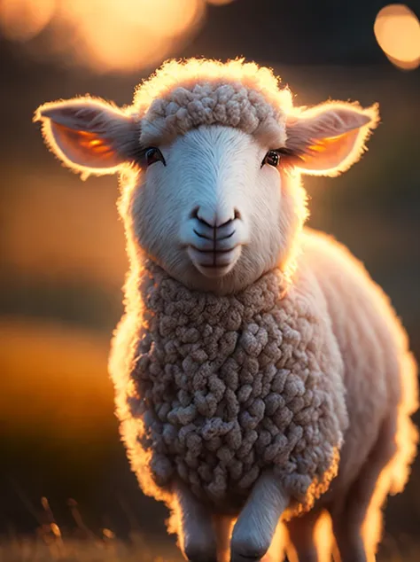 lamb Fluffy professional light, depth of field 8k, in the Magic hour, professional photography, octane render, hyper realistic - amazing sunlight, Dynamic composition, Photography, Bokeh