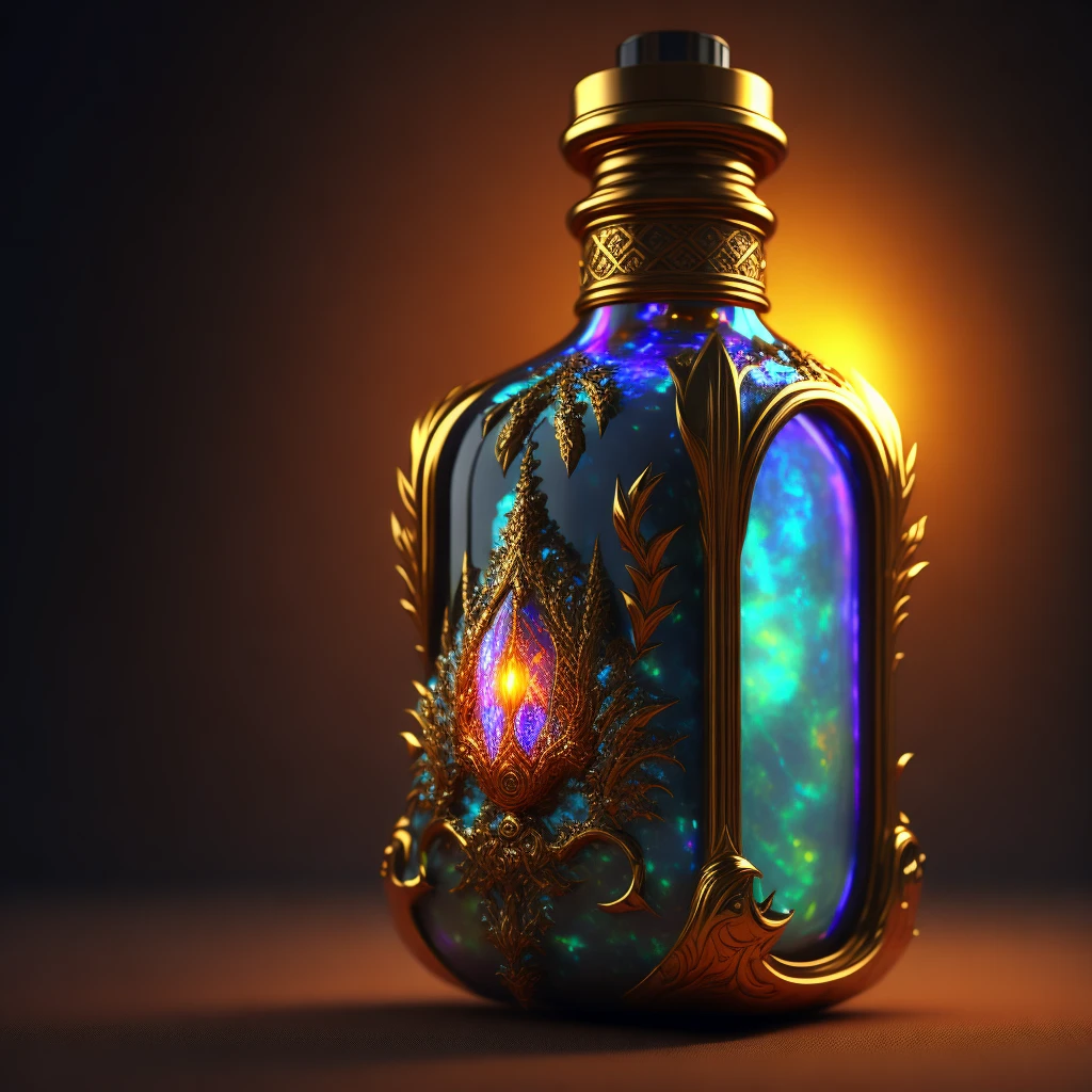 a Vibrant Opal Pearlescent bottle of magic potion with gold and rusty metal details, Screen Space Global Illumination, Flickering Light, caustics effect, Bloom effect, Octane Render, 4k, Hyperrealistic, (in Illuminati Theme Style)