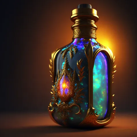 a Vibrant Opal Pearlescent bottle of magic potion with gold and rusty metal details, Screen Space Global Illumination,  Flickering Light, caustics effect, Bloom effect, Octane Render, 4k, Hyperrealistic, (in Illuminati  Theme Style)