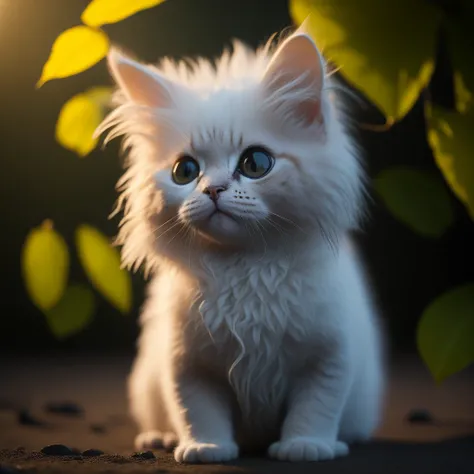 Very Cute Fluffy white tropicalpunk kitten , professional light, depth of field 8k, in the gold Magic hour, professional photography, octane render, hyper realistic - amazing sunlight, Dynamic composition, Photography, Sharp focus, Bokeh
