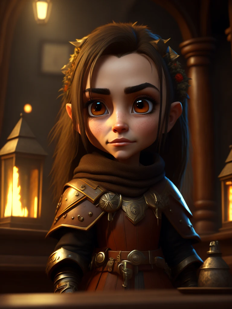 an cute character warrior, leather clothes, (shy miniature), e smarl, chibi, 1girl, solo, beautiful eyes, (Rim light), disney artwork, unreal engine, cozy indoor lighting, fantasy, artstation, detailed, digital painting,cinematic,character design by mark ryden and pixar and hayao miyazaki, unreal 5, daz, hyperrealistic, octane render, in a medieval tavern
