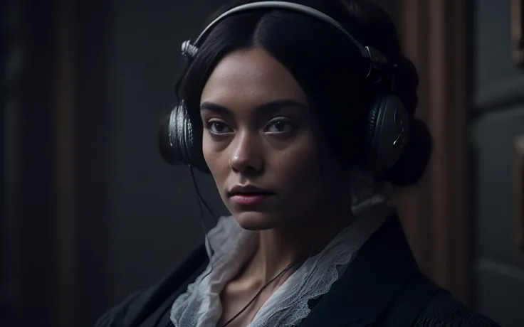 Jane Eyre with headphones, natural skin texture, 24mm, 4k textures, soft cinematic light, adobe lightroom, photolab, hdr, intricate, elegant, highly detailed, sharp focus, ((((cinematic look)))), soothing tones, insane details, intricate details, hyperdetailed, low contrast, soft cinematic light, dim colors, exposure blend, hdr, faded