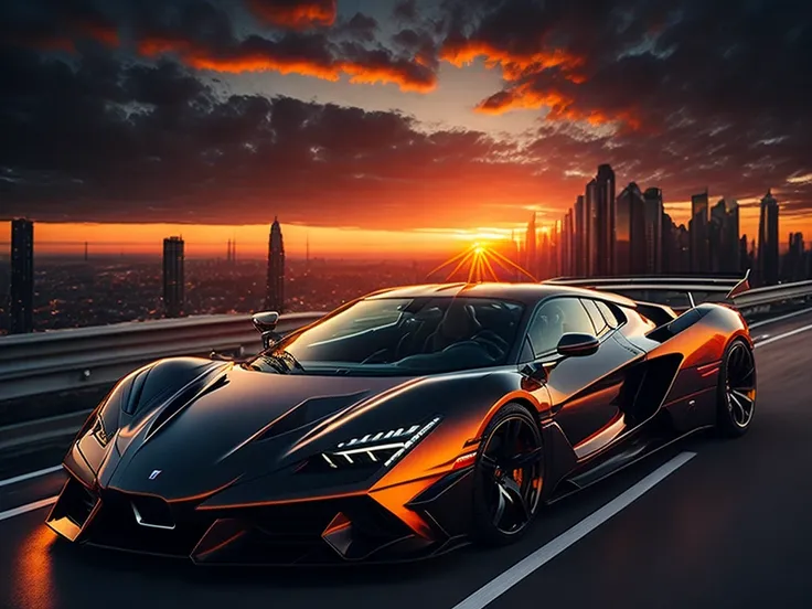 luxury car, sunset, view from roof, city lights in the background, road