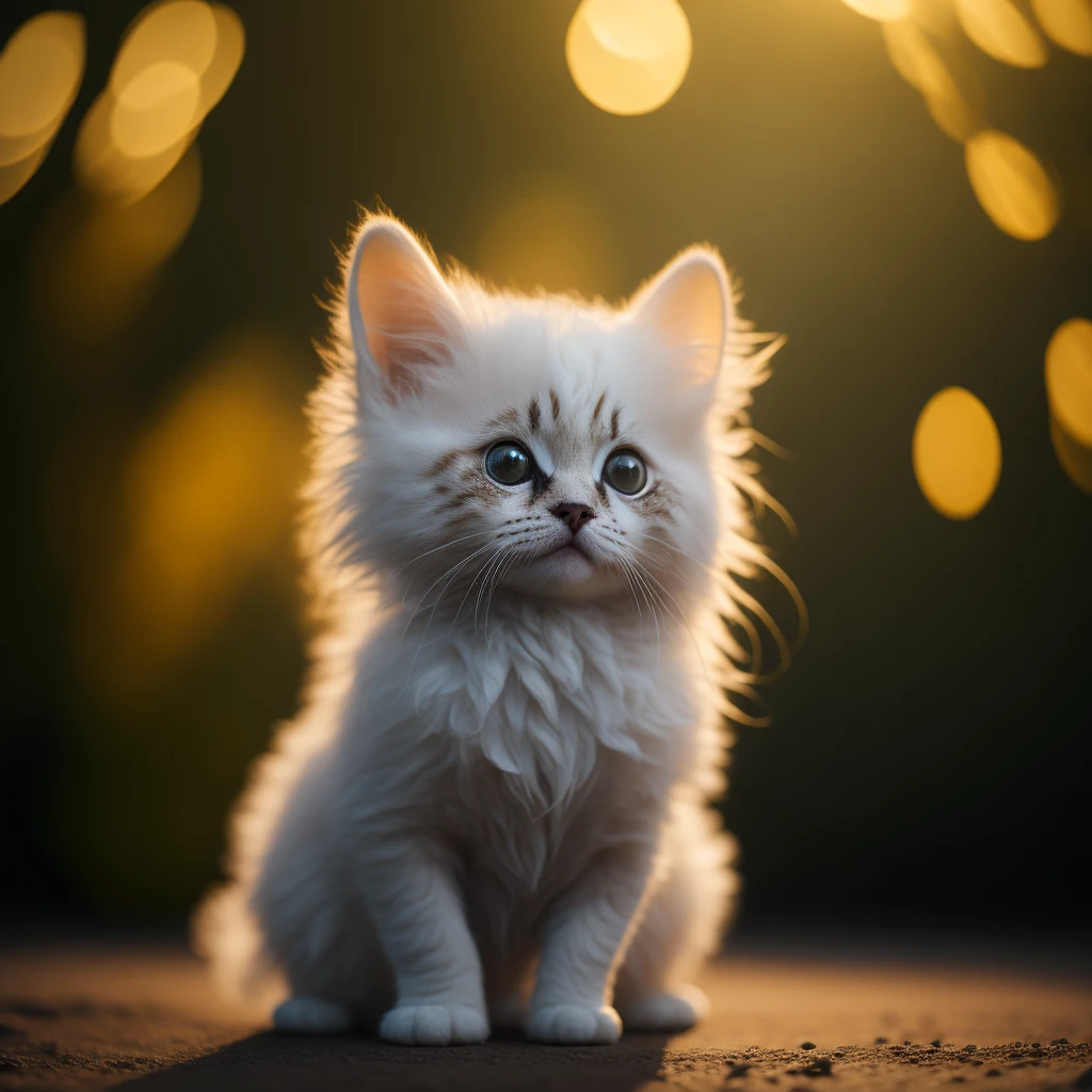 Very Cute Fluffy white tropicalpunk kitten , professional light, depth of field 8k, in the gold Magic hour, professional photography, octane render, hyper realistic - amazing sunlight, Dynamic composition, Photography, Sharp focus, Bokeh