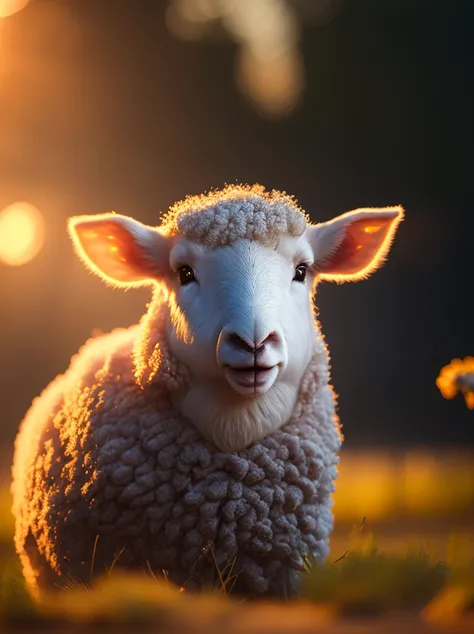 lamb Fluffy professional light, depth of field 8k, in the Magic hour, professional photography, octane render, hyper realistic - amazing sunlight, Dynamic composition, Photography, Bokeh