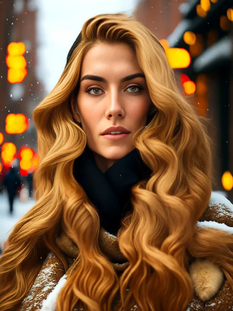professional portrait photograph of a gorgeous bulgarian girl in winter clothing with long wavy blonde hair, ((sultry flirty look)), freckles, beautiful symmetrical face, cute natural makeup, ((standing outside in snowy city street)), stunning modern urban upscale environment, ultra realistic, concept art, elegant, highly detailed, intricate, sharp focus, depth of field, f/1. 8, 85mm, medium shot, mid shot, (centered image composition), (professionally color graded), ((bright soft diffused light)), volumetric fog, trending on instagram, trending on tumblr, hdr 4k, 8k