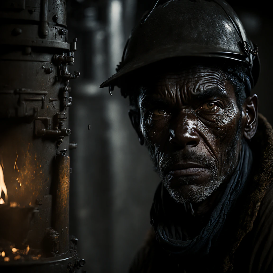 macro crisp quality, wet plate photograph close up of black factory worker in Victorian era boiler room, rough skin, sad eyes, sparkles, age 64, coal dust in the air, unreal engine, UE5, cinematic, very detailed, sony A7iii, 85mm prime, f/1.8, octane render + hyper realistic, Photograph