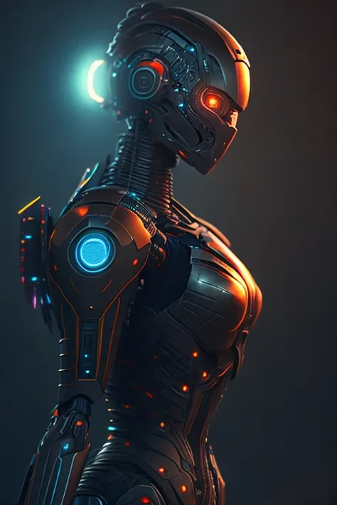 female robot, full body, cinematic, fine details, 8k, RGB palette, dark shot, soft volumetric lights,  (backlit:1.3)