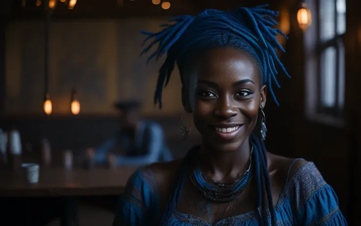 a portrait photo of a black girl, smiling, tattoo, blue dreads, (folk dress:1.3), Ukrainian short dress, pronounced feminine feature, insane details, intricate details, hyperdetailed, complex background, medieval tavern, indoors