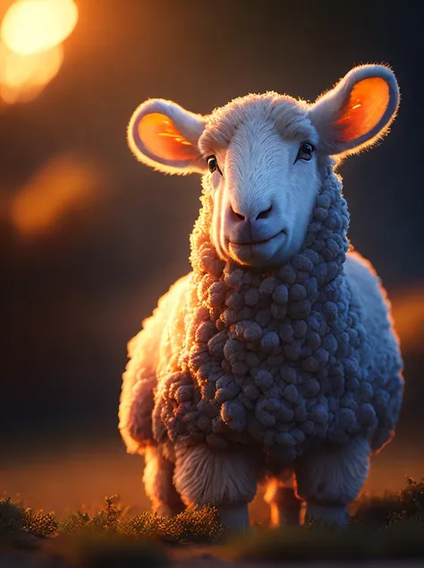 lamb Fluffy professional light, depth of field 8k, in the Magic hour, professional photography, octane render, hyper realistic - amazing sunlight, Dynamic composition, Photography, Bokeh