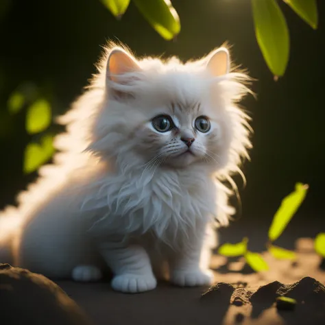 Very Cute Fluffy white tropicalpunk kitten , professional light, depth of field 8k, in the gold Magic hour, professional photography, octane render, hyper realistic - amazing sunlight, Dynamic composition, Photography, Sharp focus, Bokeh