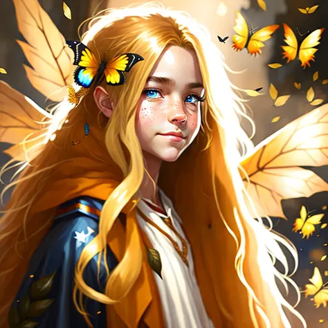 9 year old fairy, watercolor style, ethereal, beautiful, heavenly, bright luminous wings, long golden hair, golden leaves, happy, long eyelashes, blue eyes, blue robe, butterflies,