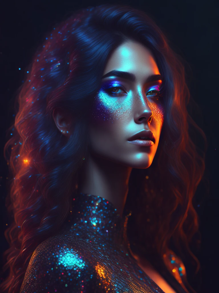 a girl Iridescent hair, Glitter on face, Subsurface-Scattering, Sparkles in the air, dark background, gobo light, hdr, intricate, accurate, realistic, PHOTOGRAPYFANTASY