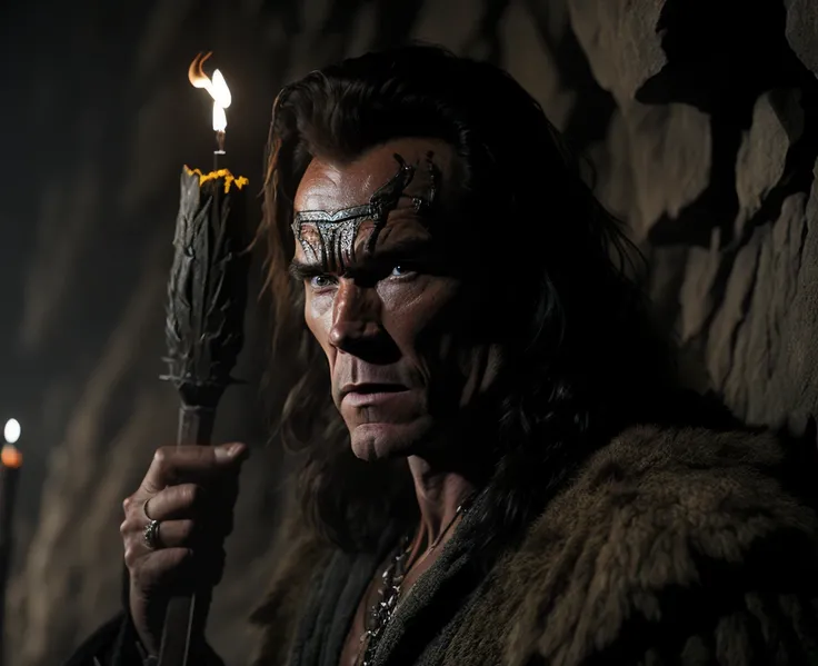 In the "Conan the Barbarian", there is a memorable scene where the titular character, played by Arnold Schwarzenegger, finds himself trapped in a closed cave with only a single torch and a few scatt candles to light his way. The flickering light casts eerie shadows across the cave walls, creating an atmosphere of danger and suspense. As Conan moves deeper into the cave, the light becomes dimmer, and the shadows become more menacing. However, he continues on, his determination to find a way out growing stronger with every step. The candlelight provides a sense of comfort and companionship, reminding him that he is not alone in his struggle. The scene is a masterclass in the use of lighting to create tension and atmosphere, as the sparse illumination creates a sense of claustrophobia and danger. The dim light also serves to highlight Conan's bravery and resourcefulness, as he navigates the treacherous cave with only his wits and his determination to guide him. In the end, the scene is a testament to the power of human will in the face of adversity, as Conan uses the light of his torch and candles to find a way out of the darkness and into the light. The scene is an iconic moment in the film, and is often cited as one of the most memorable scenes in Schwarzenegger's career. sad eyes, sparkles, age 64, coal dust in the air, unreal engine, UE5, cinematic, very detailed, sony A7iii, 85mm prime, f/1.8, octane render + hyper realistic, Photograph