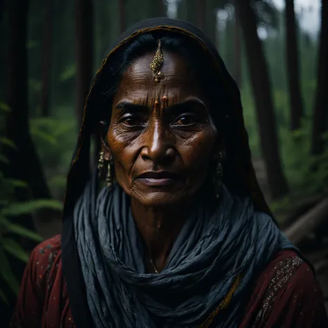 portrait of an indian village woman in forest in Himachal pradesh, clear facial features, Cinematic, 35mm lens, f/1.8, accent lighting, global illumination