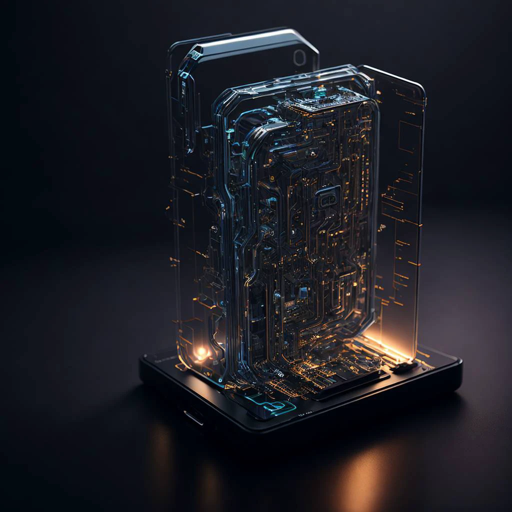 Award-winning product photography of a transparent disassembled futuristic smartphone, epic render, octane, soft volumetric lights, backlit, cinematic, Unreal Engine, intricate details, ArtStation, 3d render
