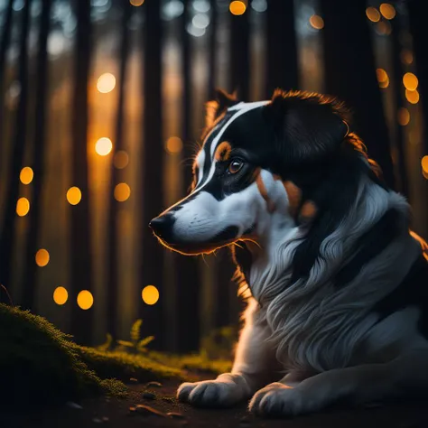 sticker night scene, close up photo of a cute dog in the forest, soft volumetric lights, (backlit:1.3), (cinematic:1.3), intricate details, (ArtStation:1.3), Rutkowski