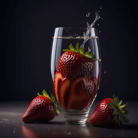 product photography of a strawberries fall into a glass of milk, intricate, epic, highly detailed, vibrant, food photography, epic render, octane, soft volumetric lights, (backlit:1.3), (cinematic:1.3), intricate details, (ArtStation:1.3), Rutkowski