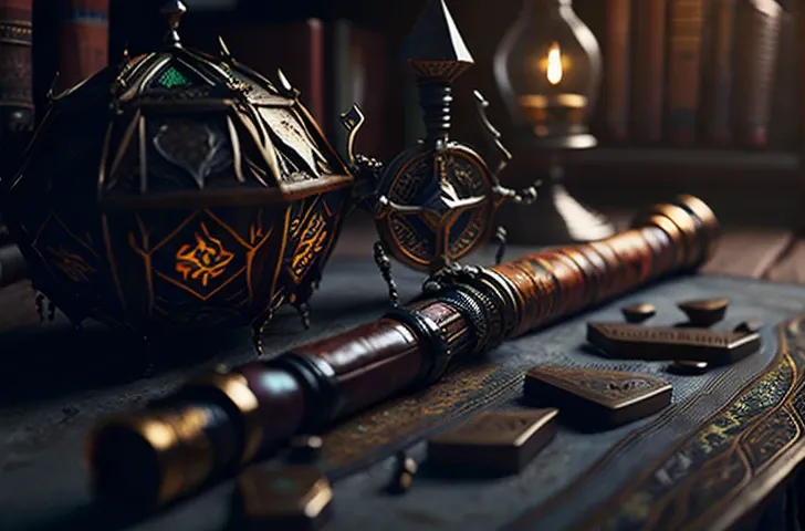 Arabian oold Magic scrolls and books in medieval library  Muslim rosary compass   Muslim rosary compass, maps, copper legs, globe model, and colored bottles Magic hour, professional photography, octane render, hyper realistic - amazing sunlight, Dynamic composition, Photography, Sharp focus, Bokeh