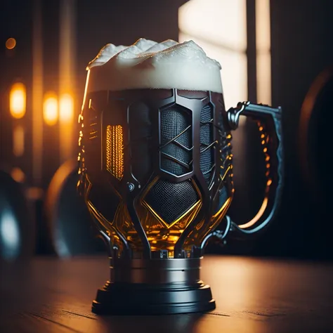 (masterpiece), combine a beer mug and a microphone in a sci fi setting. professional photography, octane render, hyper realistic - amazing sunlight, Dynamic composition, Photography, Sharp focus, Bokeh