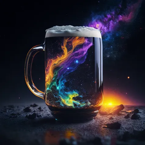 (masterpiece), beer mug floating in space, colorful nebula, professional photography, octane render, hyper realistic - amazing sunlight, Dynamic composition, Photography, Sharp focus, Bokeh